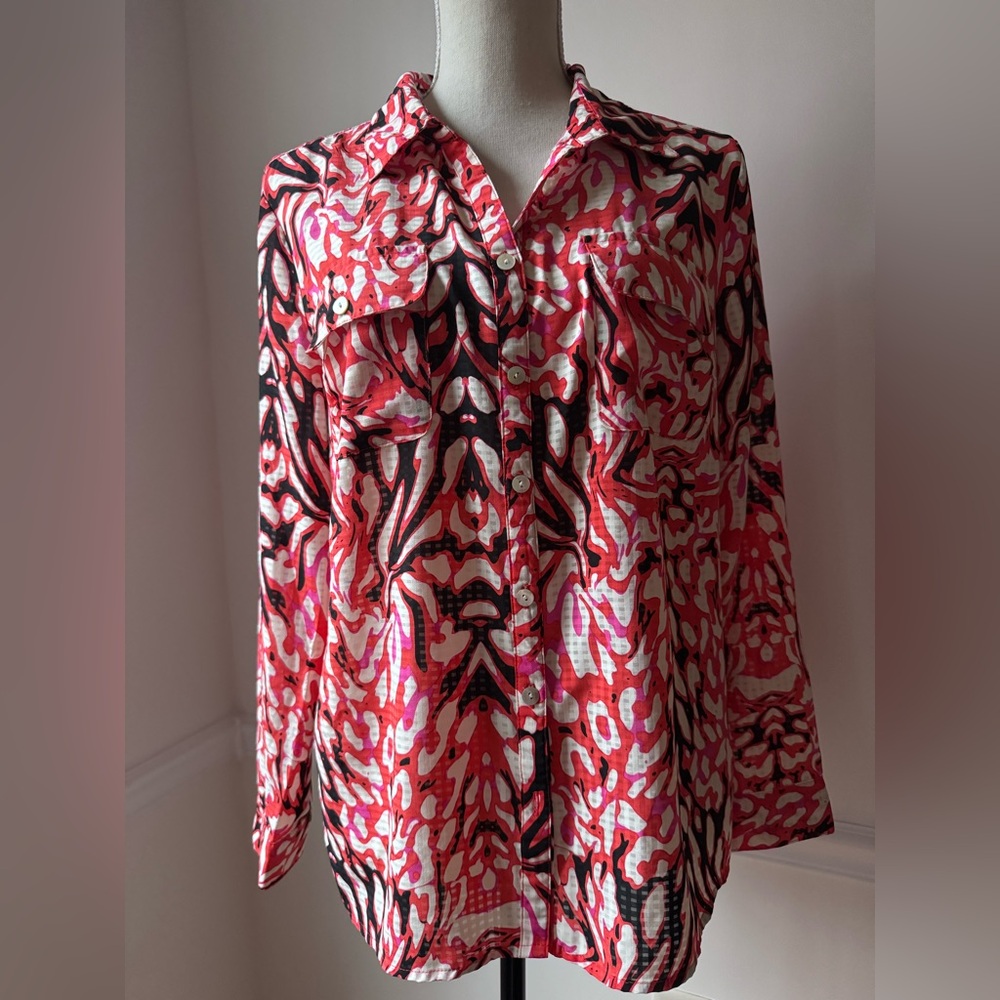 VTG Notations Red Black Pink Retro Patterned Button-down Top Blouse Size L